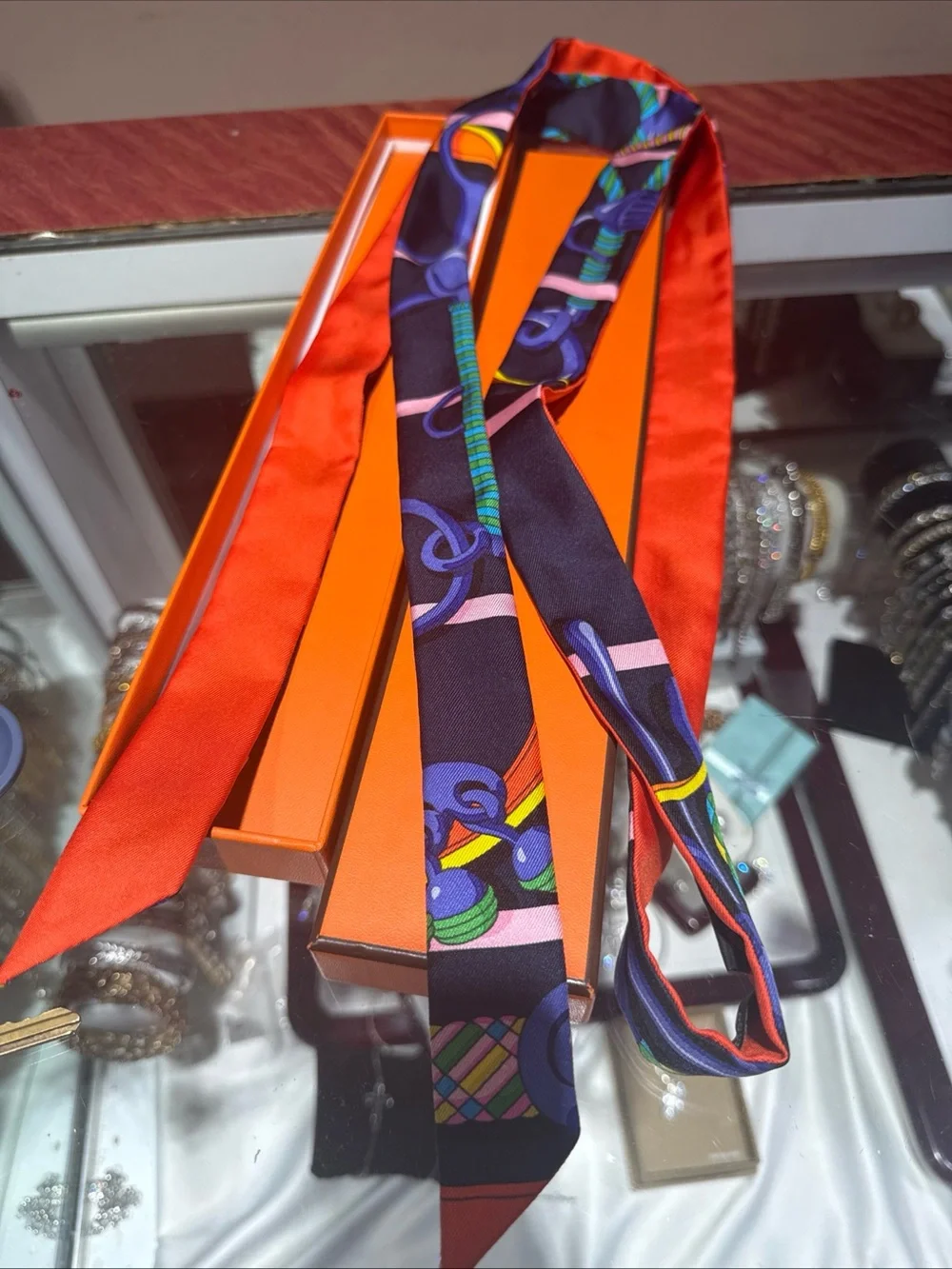 HERMES Twillon Scarf Silk Navy/Orange Original Box Great Gift